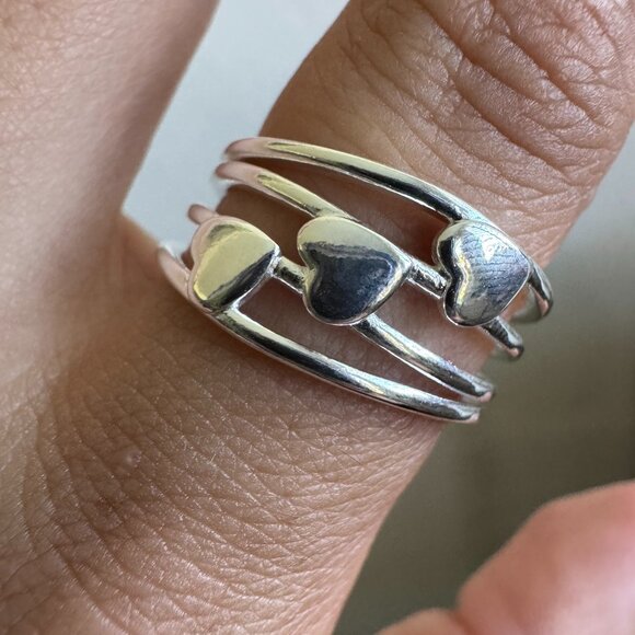 Sterling Silver 925 Triple Band Ring with Three Hearts - Picture 1 of 6